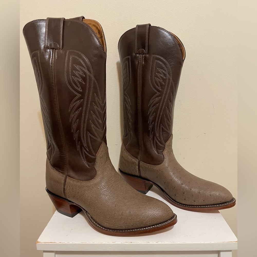 NWT Alberta Boots Gray Brown Ostrich & Cowhide Cowboy Western Boots Men Size 8.5 - Picture 1 of 10